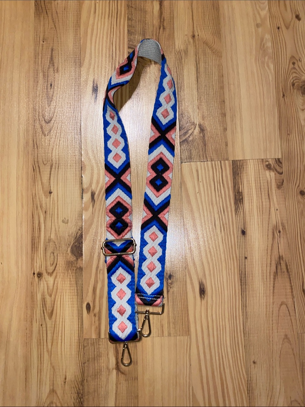 Adjustable Geometric Patterned Bag Strap in Blue and Pink